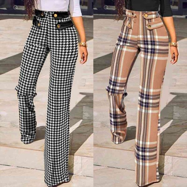 

buttoned high waist womens capri wide leg tailored autumn casual plaid long pencil elegant trousers overalls, Black;white