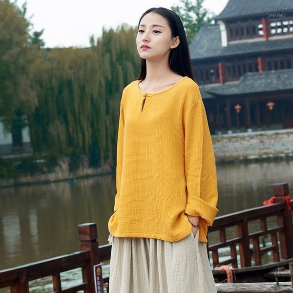 

women's t-shirt johnature women cotton linen 2021 autumn casual long sleeve button brief clothing o-neck, White