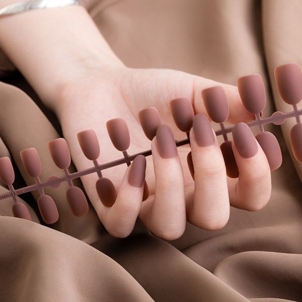 

24 pcs/set fake nail tips full cover pink blue black mixed colors matting effect natural abs artificial nail art design tools, Red;gold