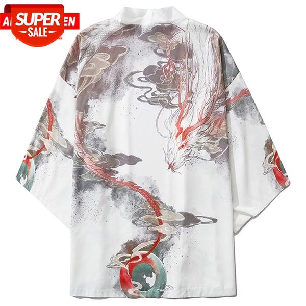 

Aelfric Eden Harajuku Japanese Kimono Jacket 2020 Summer Fire Dragon Print Loose Shirt Japan Streetwear Front Open Coat Kimono #864Q, Black;brown
