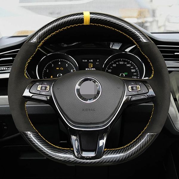 

hand-stitched soft black carbon fiber black suede car steering wheel cover for volkswagen golf 7 mk7 passat b8