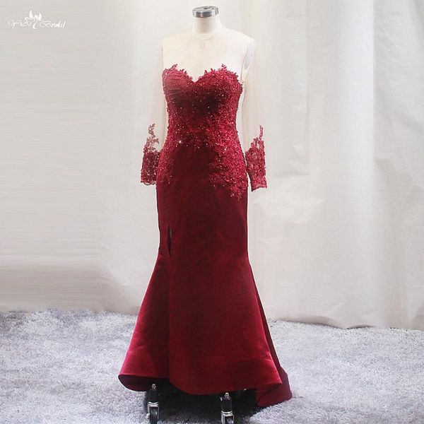 

party dresses lzf137 elegant burgundy appliques small beads evening long sleeve slit gowns for women soft satin mermaid dress, White;black