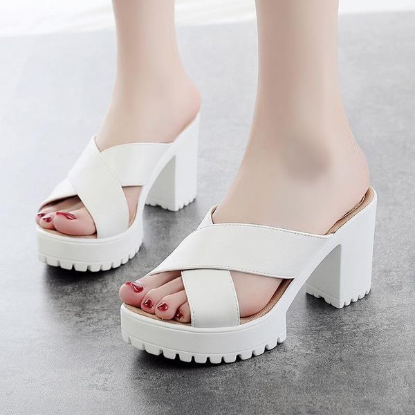 

slippers big size 33-43 woman shoes squre heel summer 2021 high heels slides black white ladies office shoe