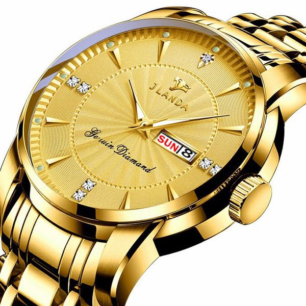 

wristwatches jlanda mens watches stainless steel gold quartz wrist watch men waterproof date clock relogio masculino, Slivery;brown
