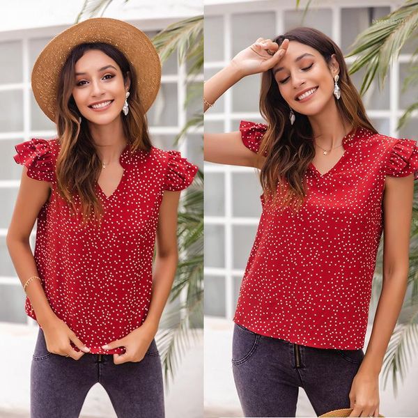 

women's t-shirt short-sleeved v-neck red polka dot t-shirts, White