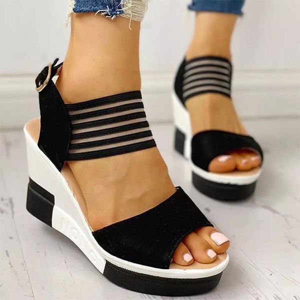 

dress shoes akexiya women sandals summer wedges high heels fashion ladies peep toe buckle strap stretch fabric ankle female, Black