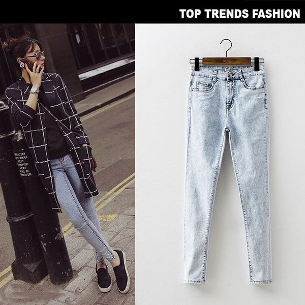 

korean autumn snowflake denim leggings fashion slim fit high waist versatile pencil pants, Blue