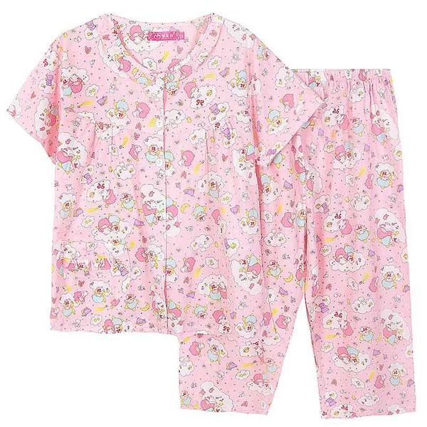 Japonês Dos Desenhos Animados Twin Estrelas Sleepwear para Mulheres Camisa de Verão e Shorts Set Lolita Meninas Macias Melodias Pijama Homewear Nightgown 210901