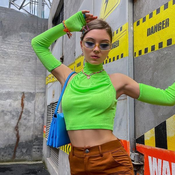 

women's tanks & camis european and american autumn solid color round neck pullover open back umbilical pleated sleeved casual blouse, White