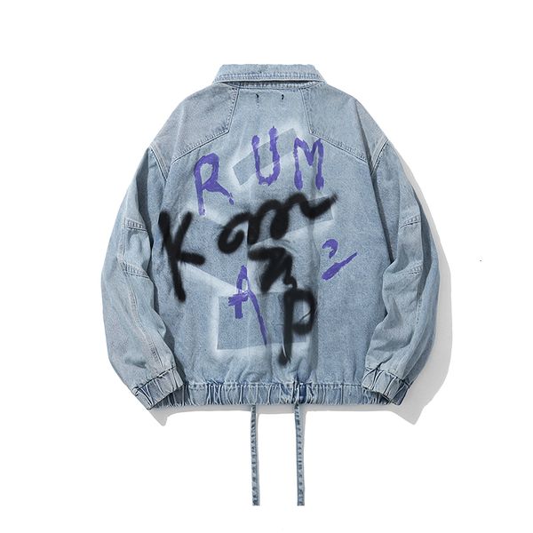 

new 2021 high street drawstring elastic bottom jeans jacket men and women graffiti oversize casual denim coat hip hop loose clothing y6th, Black;brown
