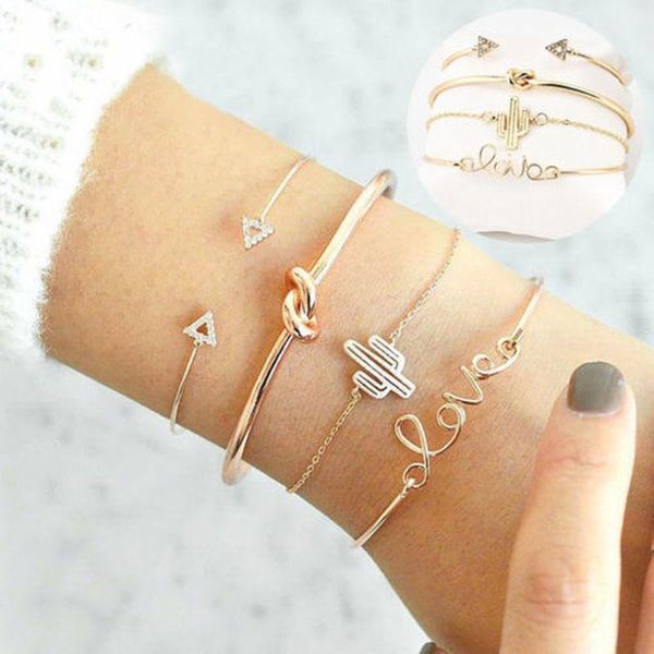 

charm bracelets 4pcs/set bohemian love triangle cactus open bracelet for women vinatge gold bangles sets jewelry party gifts female, Golden;silver