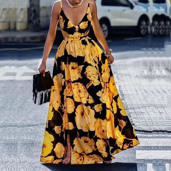 

boho deep v neck long women dresses party spring retro floral print hem a line summer sleeveless maxi beach, Black;gray