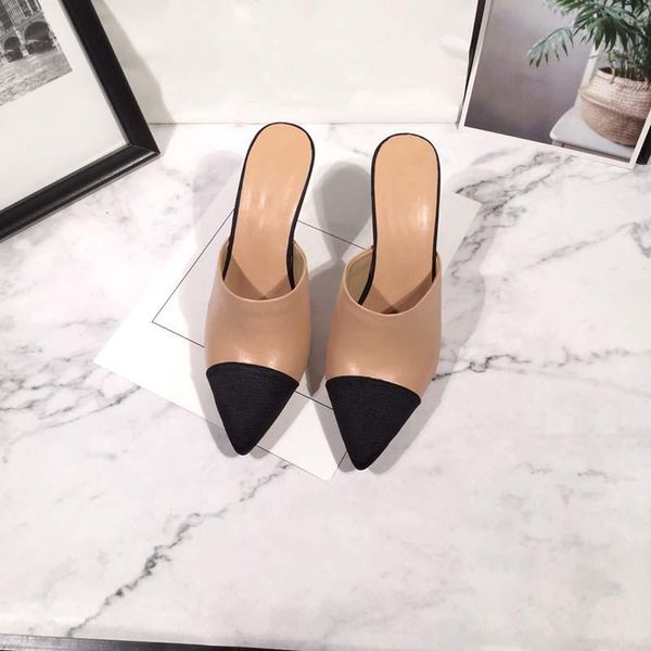 

slippers 2021 fashion winter genuine leather sole high heel pointed toe transparent pearl decoration, Black