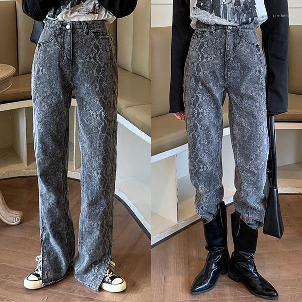 

women spring autumn long denim pants high waist zipper snake skin full length trousers women's & capris, Black;white