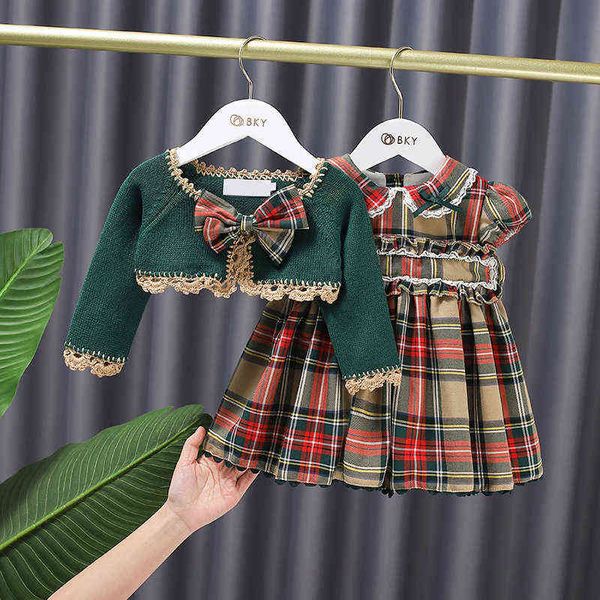 Bebek Kız Çocuklar Için İspanyol Elbiseler Lolita Prenses Balo Bebek Vintage Ekose Butik Elbise Örme Hırka G1129