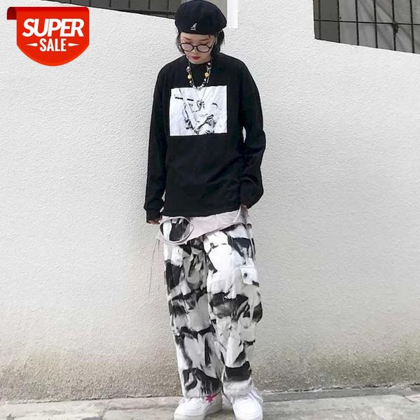 

south korea ins trend of tie-dyeing all-match trousers tie-dye pocket overalls loose casual pants women's trend autumn 2020 new #a36n, Black;white