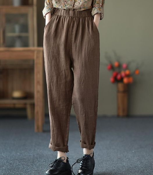 

spring 2021 women pants new linen harem pants solid color thin pockets elastic waist fashion casual trousers female yoyikamomo, Black;white