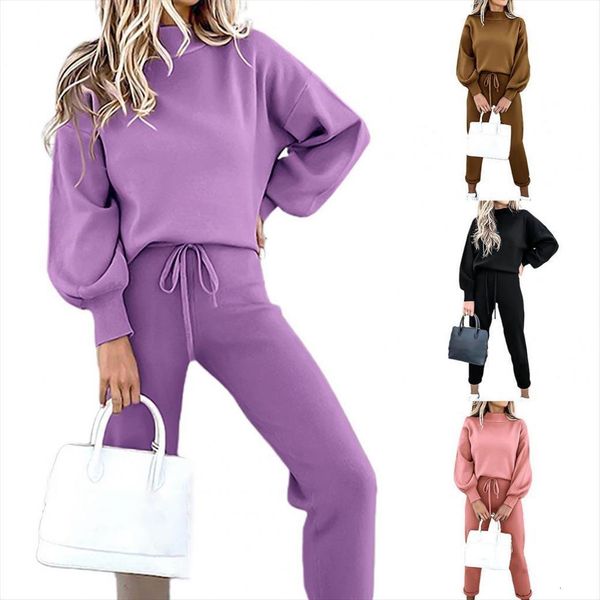 

solid color tracksuit outfit womens pants plush warm long sleeve turtleneck two piece ensemble femme, White