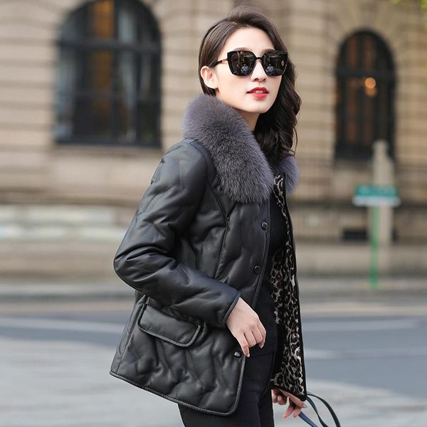 

women's leather & faux slim fit short down jacket haining sheep fur coat 2021 winter collar, Black