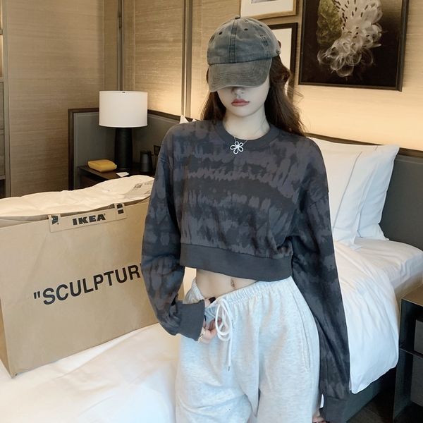 

2021 autumn new style loose and thin long-sleeved shirt retro tie-dye round neck short pullover sweatshirt women trendy y0vn, Black