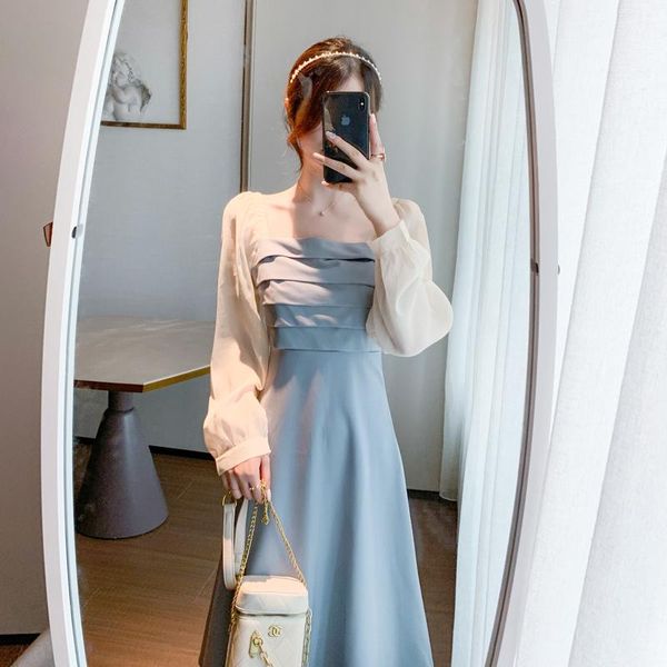 

casual dresses uulutonica autumn women elegant fashion a-line solid patchwork knee-length empire square collar dress, Black;gray
