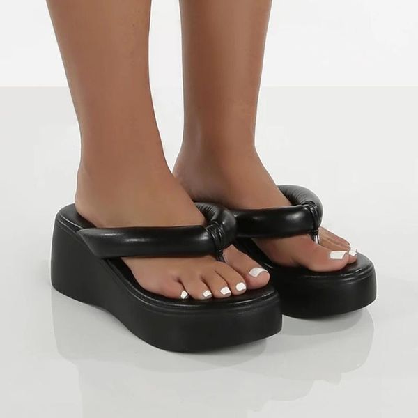 

slippers summer trend design women fashion thick platform wedge height increasing flip toe outdoor beach slides shoes ladies, Black