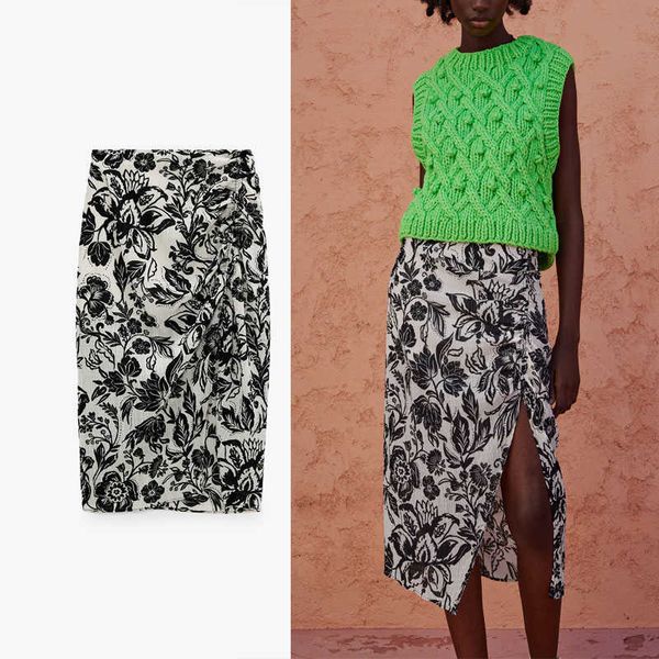 

za draped floral print black midi skirt women high waist ruching slit hem summer skirts woman chic side zip vintage skirts 210602