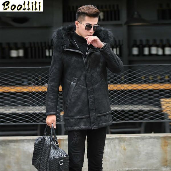 

men's leather & faux boollili winter genuine jacket men sheepskin coat hooded wool liner raccoon fur collar chaqueta cuero, Black
