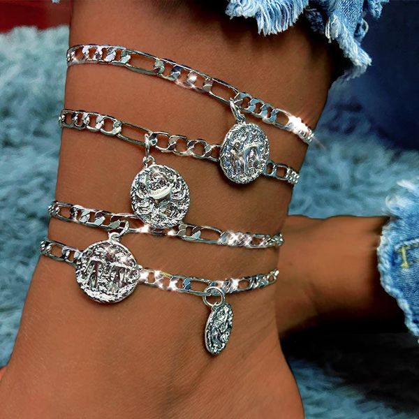 

anklets jjfoucs 2pcs/set simple tiny 12 constellations anklet for women geometric metal round coin silver color statement jewelry, Red;blue