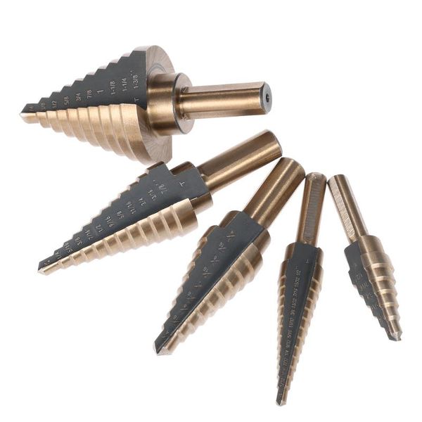 

professional hand tool sets 5pcs high speed steel 4241 step drill bit set metal drilling for wood with aluminum box cone
