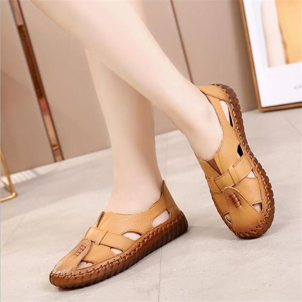 

sandals 100% genuine leather women's retro soft bottom beach shoes baotou female hole comfortable women flats, Black