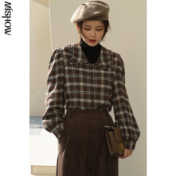 

mishow 2021 winter plaid shirts women long sleeve vintage puff sleeve clothing long retro elegant female mx20d4395, White