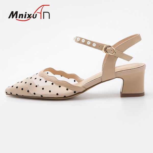 

dress shoes handmade elegant summer women sandals high heels 2021 genuine leather mesh pearls block heel party plus size 40, Black