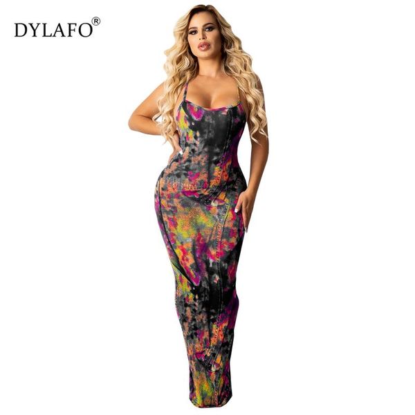 

casual dresses women's tie-dye denim summer dress 2021 with random print halter straps sleeveless slim bodycon women clothing vestidos, Black;gray
