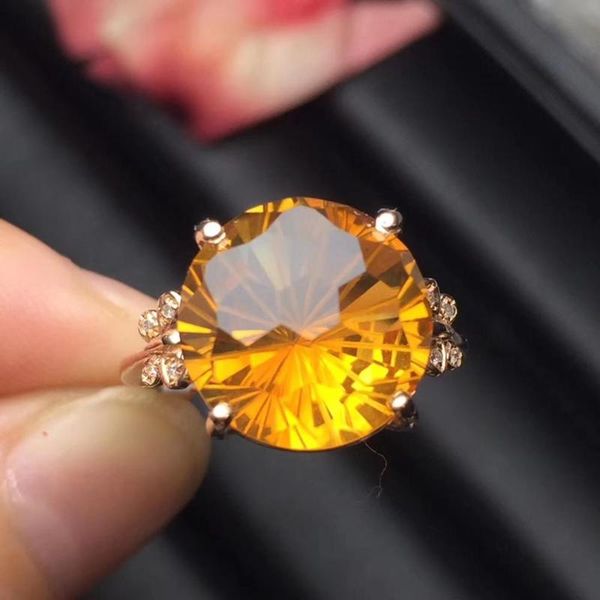 

cluster rings citrine ring 18k gold au750 round shape 12mm natural gemstones for female anniversary gift fine, Golden;silver