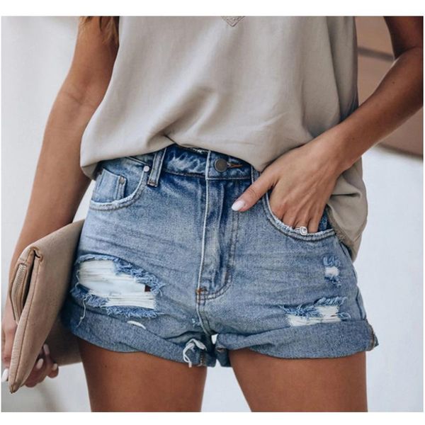 

women's shorts high waist ripped blue denim casual 3-color edging black jeans with 2021, White;black