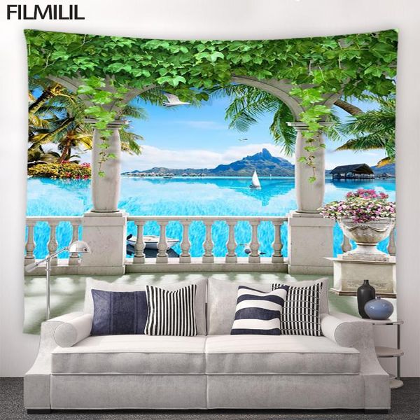 

tapestries european style scenery oil painting tapestry green plants palm trees ocean sailboat home landscape decor family wall hanging pad