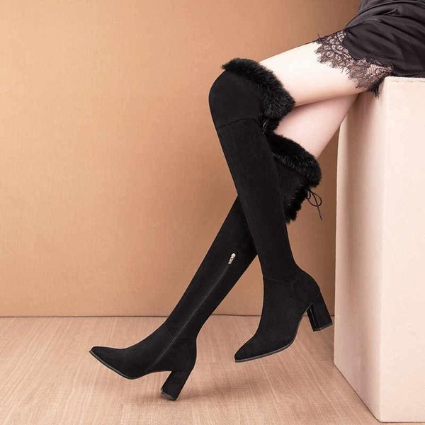 

boots women's 2021 winter thigh lace-up side zipper pointed toe high heels chunky faux short plush high-heeled, Black