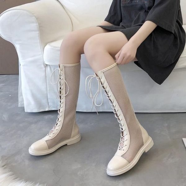 

boots rimocy black mesh knee high summer women round toe back zipper platform botines mujer breathable lace up shoes woman