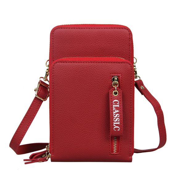 

2020 new solid color wallet women fashion large-capacity zipper mobile phone bag female shoulder messenger bag carteira feminina, Red;black