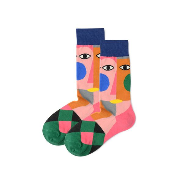 

net red socks women's fashion personality medium tube abstract art big eyes street men's ins stockings funny pure cotton, Black