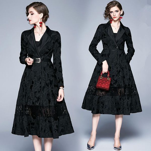 

women's trench coats autumn winter black double-breasted coat office full sleeve notched jacquard floral long outerwear 2021, Tan;black