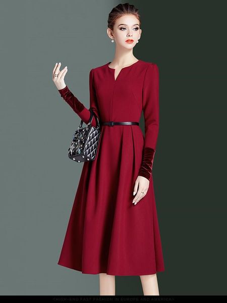 

new spring/autumn female black elegant a-line big swing dress solid color long sleeve half open collar high waist women's dress, Black;gray