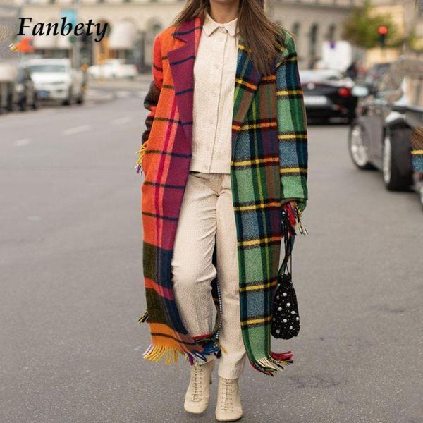 

women's wool & blends vintage fashion patchwork plaid print overcoat fall winter elegant warm turn-down collar long cardigan women jack, Black