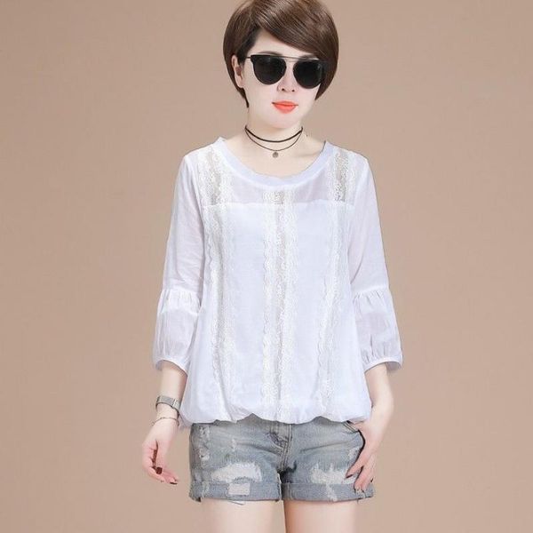 

women's blouses & shirts 2021 summer women cotton lace shirt short blouse female korean style o-neck seven sleeves c05, White