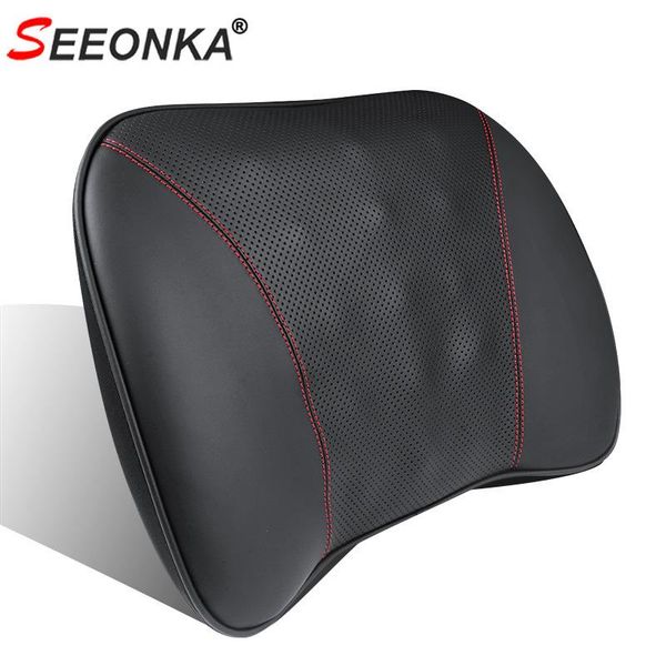 

seat cushions car pillows first layer cowhide genuine leather lumbar support headrest pillow lower back pain memory foam comfort men