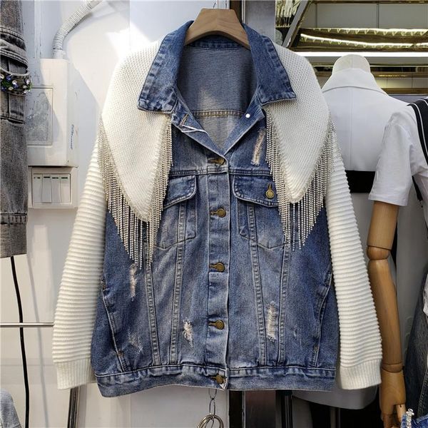 

women's jackets knitted patch denim jacket women 2021 autumn fashion diamond tassel shawl coat loose ladies outwears veste femme, Black;brown