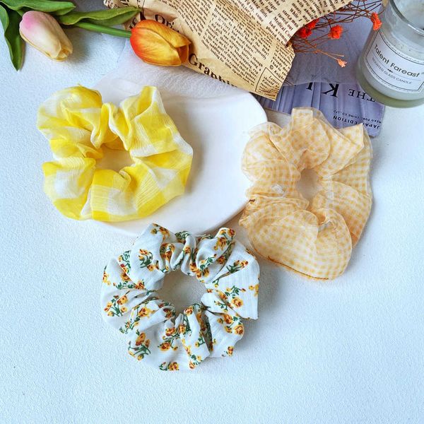 

sweet peach powder & grape purple french large intestine circle broken flower plaid hair ring girl's hair rope net red hair ornament