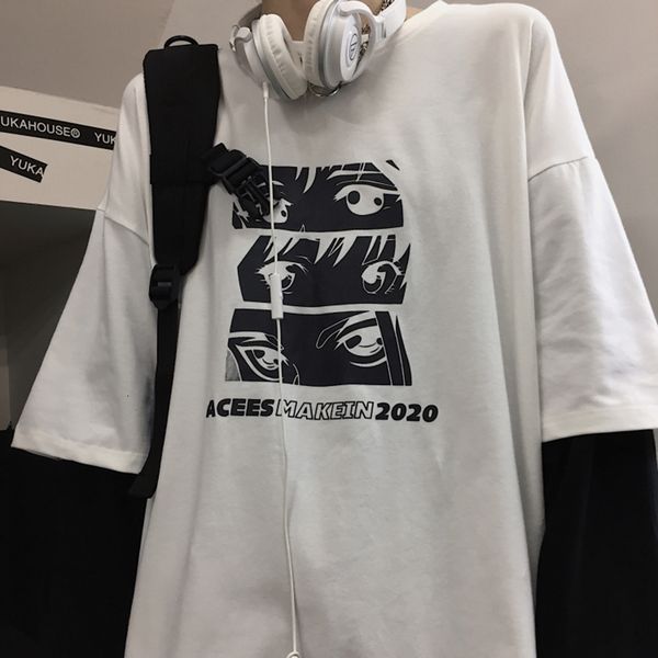 

2021 new autumn harajuku style japanese retro anime fake two-piece long-sleeved bottoming t-shirt men and women tide round neck pullover ag1, White