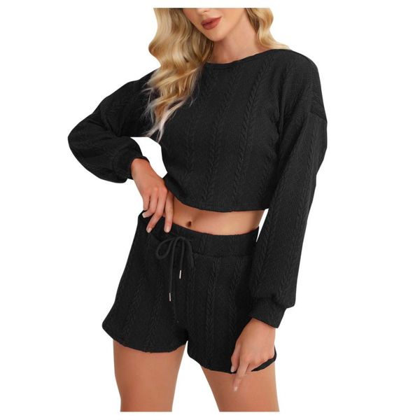 

women's tracksuits women sweater two piece set casual solid color long sleeve crop + elastic waist drawstring shorts suit female street, Gray
